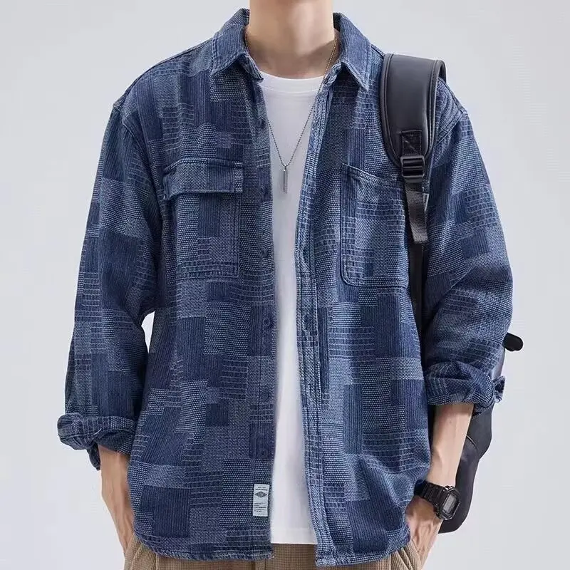 

Loose Fit Men's Workwear Shirt Long Sleeve Denim Casual Japanese Style Leather Fabric Regular Length Inspired Top