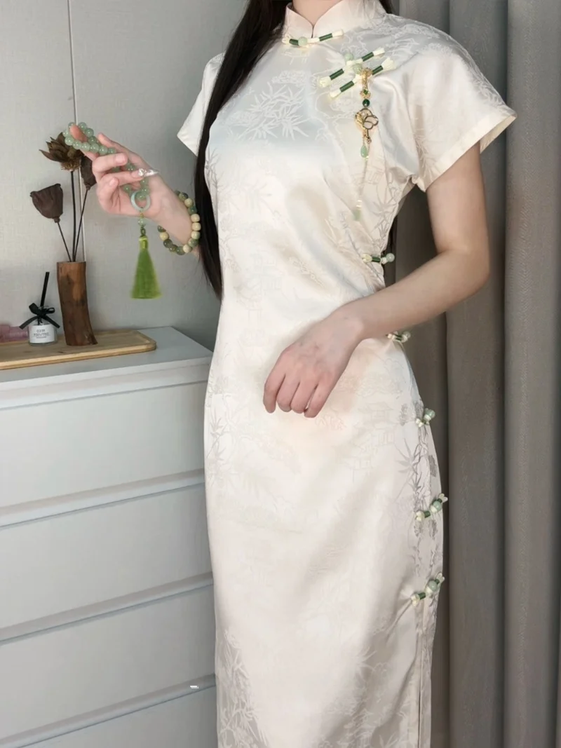 

White Summer Svel Qipao Young Fit Women's Dr Vintage Sle Long Slant Collar Polyester Fiber Casual Wear New 2024