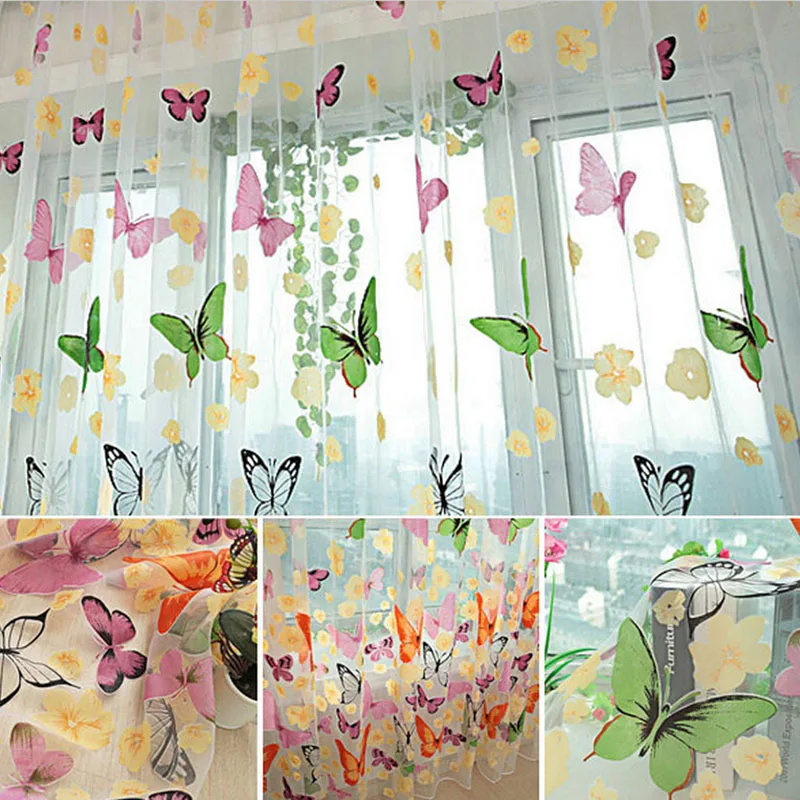 1side Romantic Butterfly Print Home Decor Perspective Living Room Window Curtain Tulle Sheer Curtains only window screening