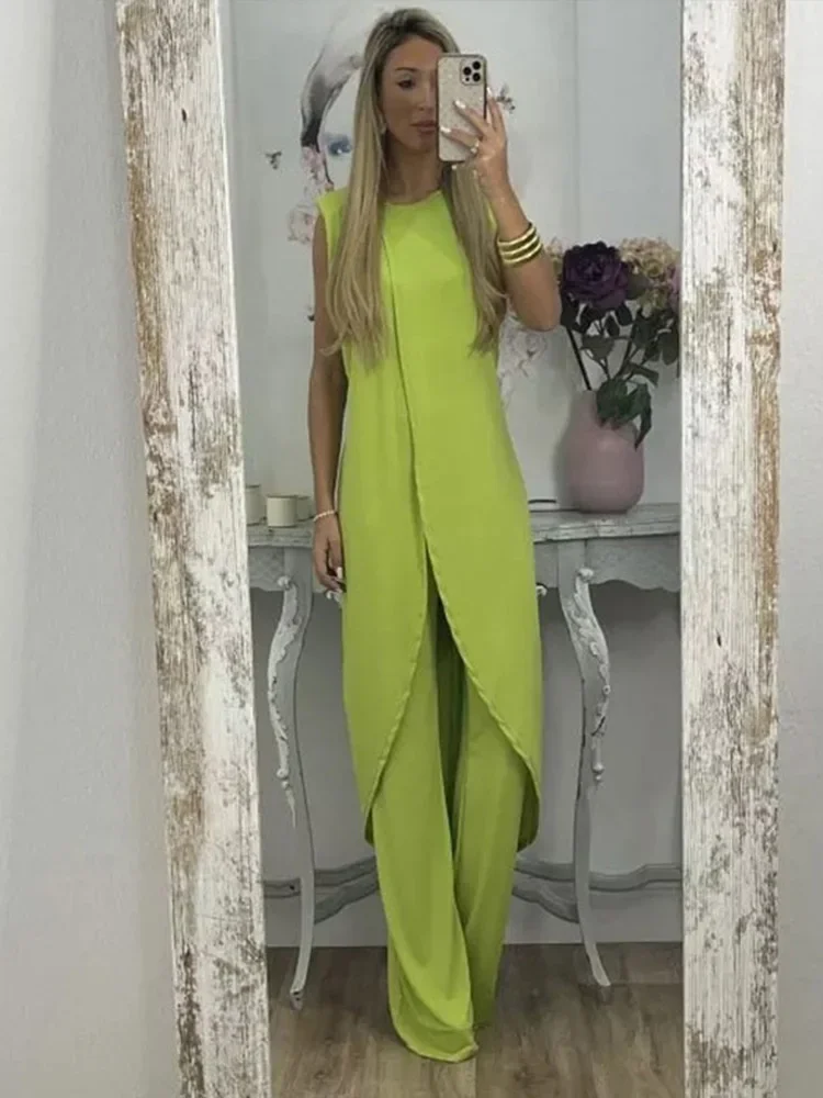 Casual Solid Two-piece Set For Women Fashion Round Necked Sleeveless Long Top Loose Pants Suit 2023 Elegant Lady Chic Outfits