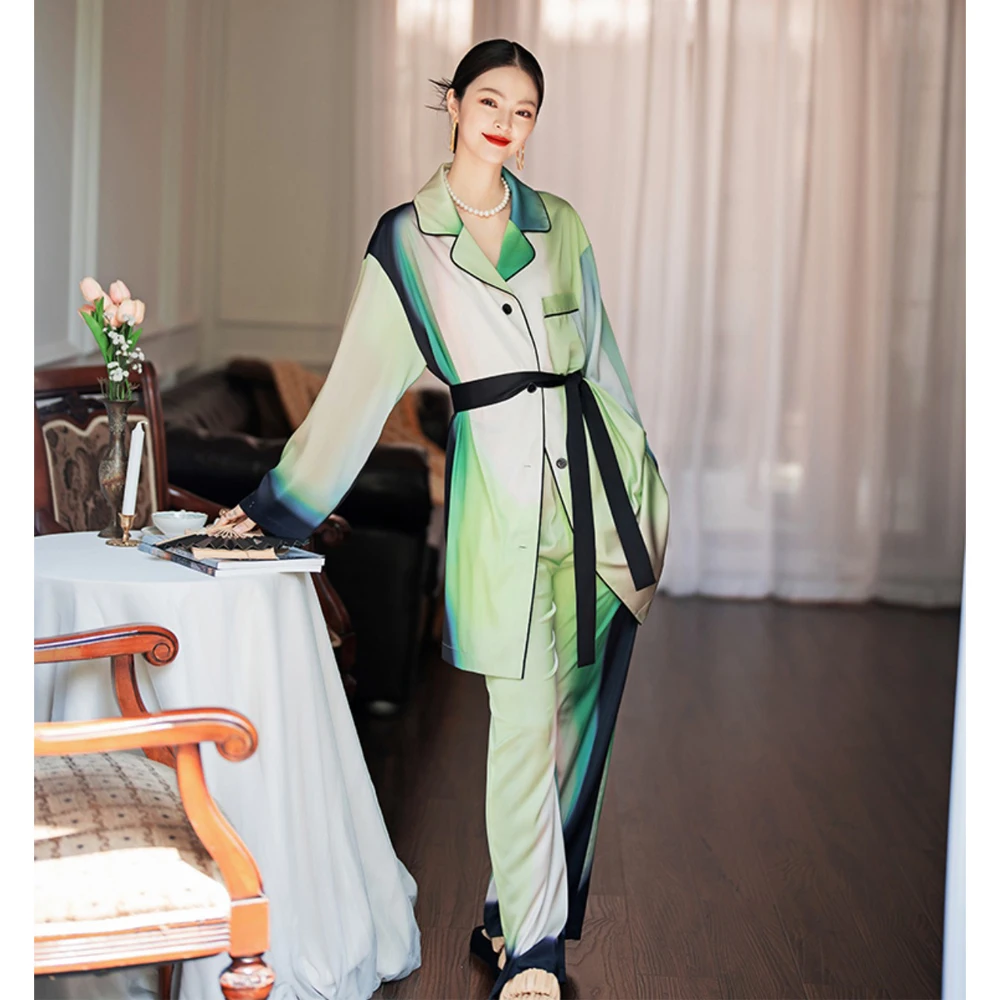 2024 Luxury Temperame  Women Sleepwear Gradient Green Loose Pajamas for Women Long Sleeve Wide Leg Pants Pijama Female Home Wear