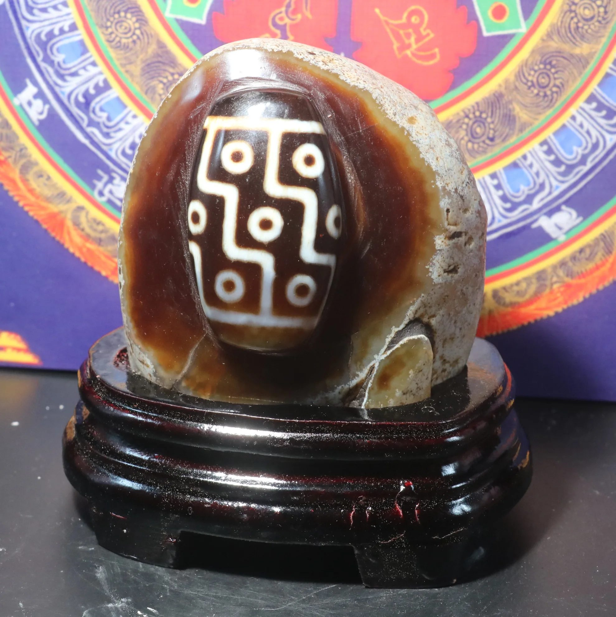 

A Treasure Energy Tibetan Old Agate Fold Line 7 Eyed Rock Stone dZi Bead Fengshui Carving L For Display L Timestown UPD22