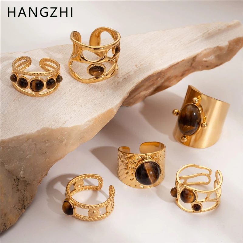 HangZhi Vintage Brown Natural Stone Wide Open Ring Stainless Steel Geometric Hollow Line Charm Jewelry for Women New