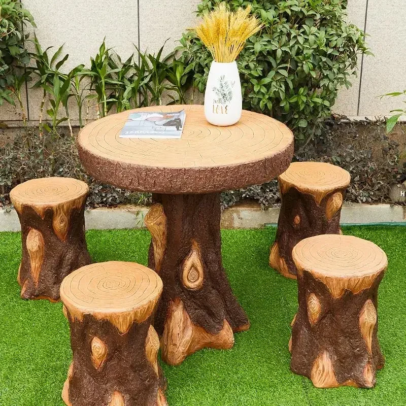 Outdoor courtyard table and stool balcony garden home table and chair imitation tree stump root carving round coffee table