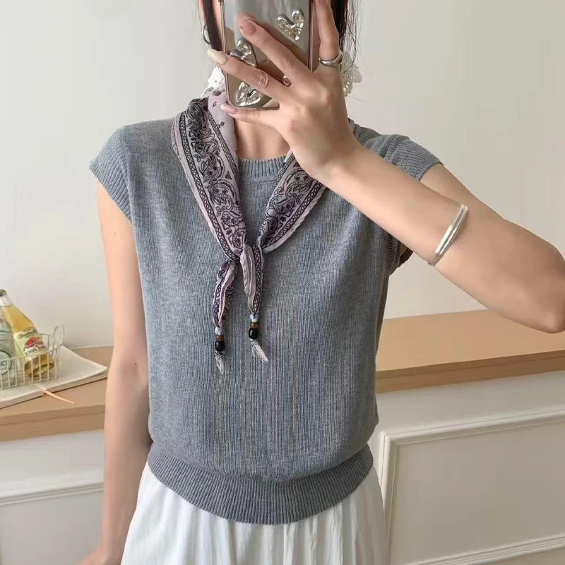 Women Classic Round Neck Knitted Short-Sleeved Plain Casual Top With Silk Scarf