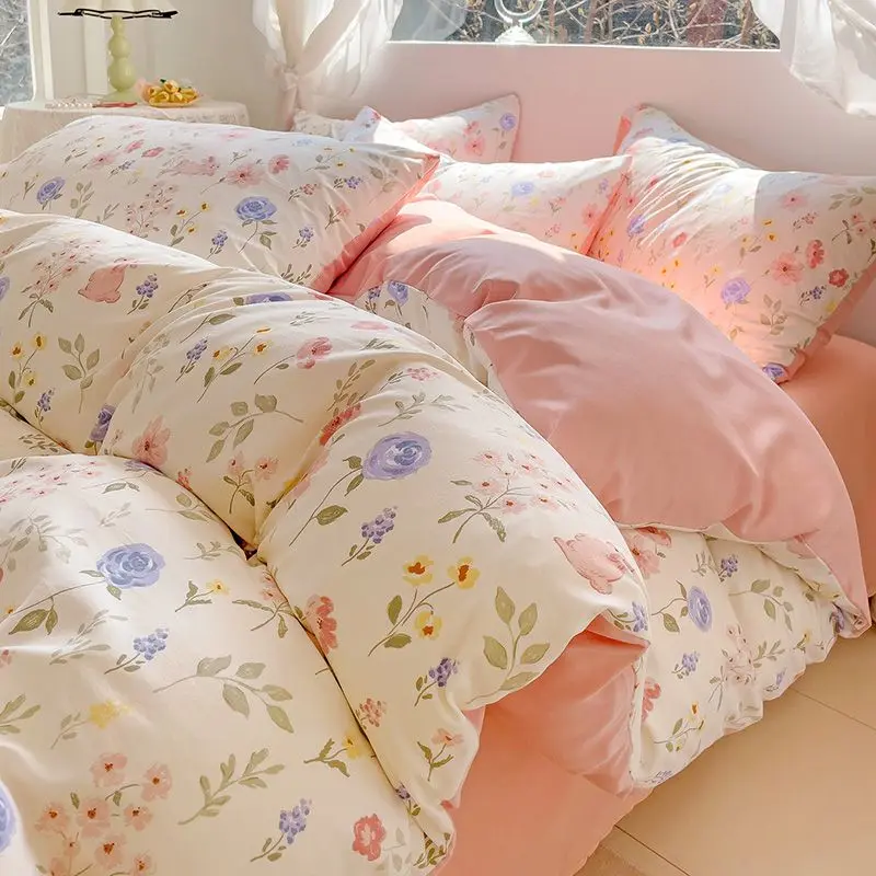 

Ins Pink Floral Bedding Set High Quality Washed Cotton Duvet Cover Girls Flowers Flat Sheet and Pillowcase Soft Bed Linens