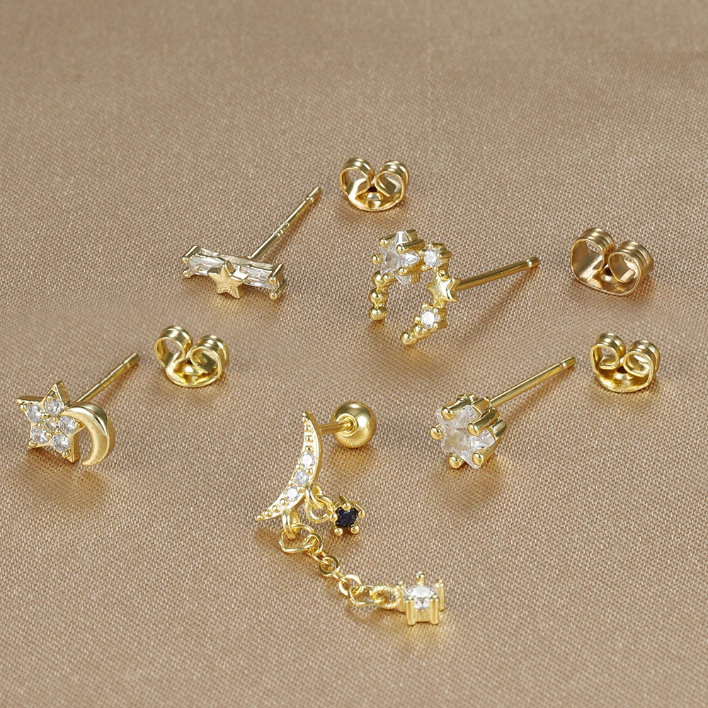 5PCS Fashion 18K Gold Plated Star Moon Stud Earrings Set for Women Stainless Steel Unique Statement Earring Piercing Jewelry