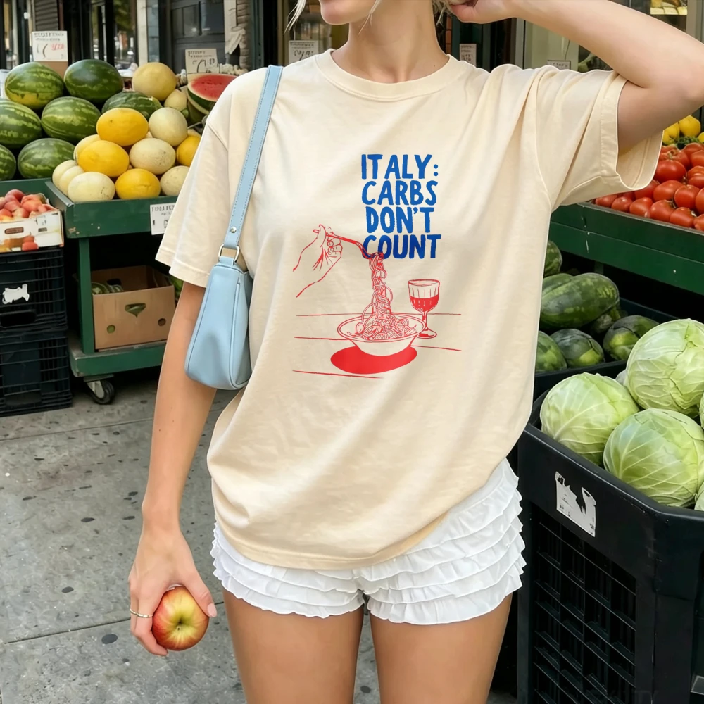 Italy Carbs Don't Count Funny Slogan Hand Drawn Spaghetti Red Wine Glass Print Women Cotton Humor Food Lover Vintage Casual Tops