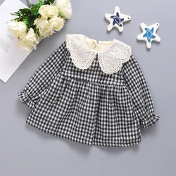 Winter New Checkered Baby Girls' Dress White Doll Neck Baby Dress Warm Girls' Long Sleeve Children's Clothing