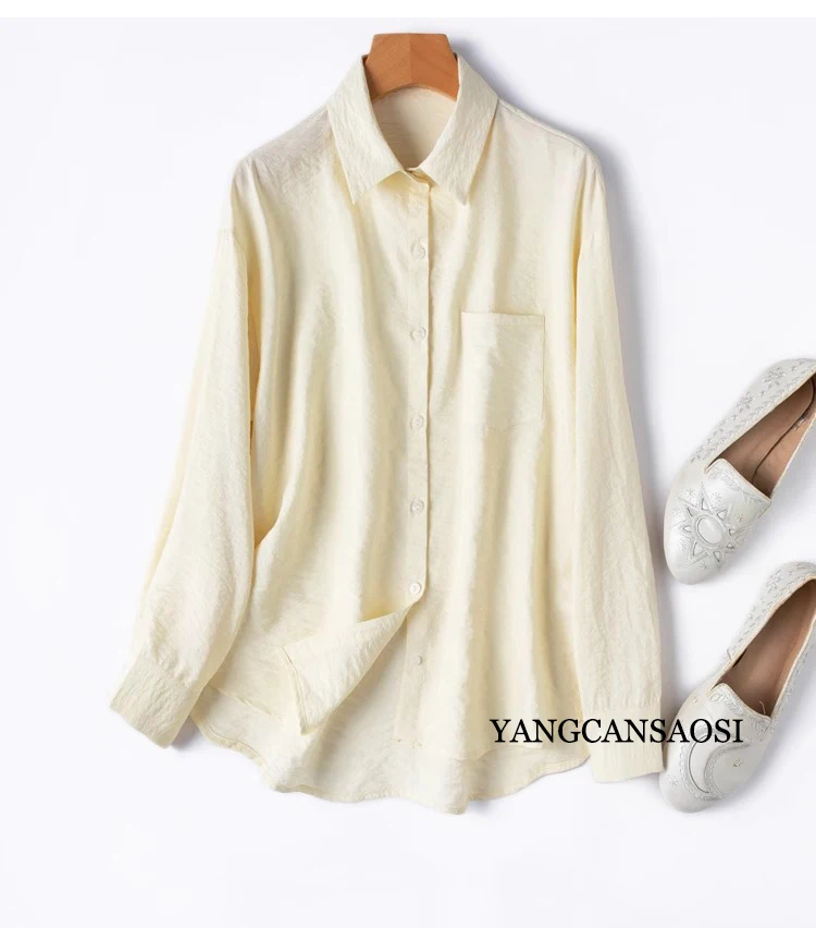 76% Natural Mulberry Silk Dry Silk French Pocket Design Turn-down Collar Loose Office Women's Commuting Long Sleeved Shirt