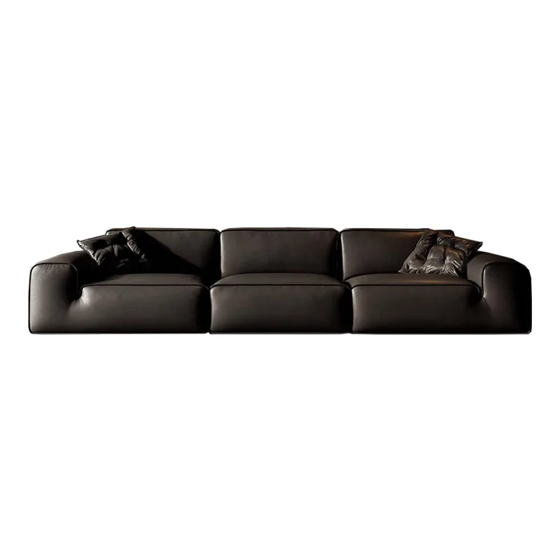 

Leather sofa Italian minimalist living room first layer cowhide tofu block straight row sofa three people black