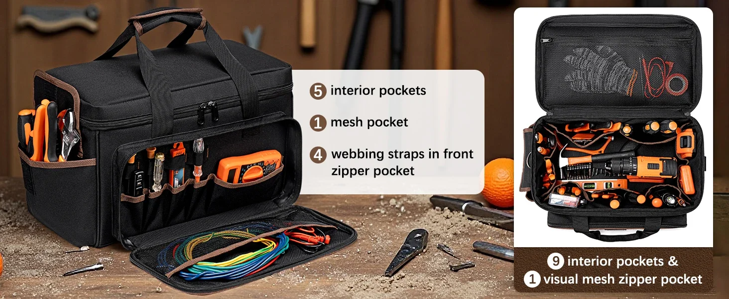 17'' Werkzeugkoffer mit großem Fassungsvermögen, 20 Fächern, tragbarer Werkzeugkoffer mit Schultergurt, Werkzeugtasche mit breiter Öffnung für Elektriker und Mechaniker – Detail 6