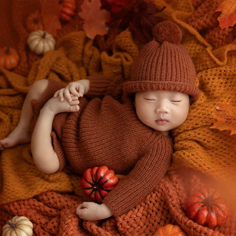 Newborn Photography Props Autumn Baby Knitted Jumpsuit + Hat 2pcs/Set Simulated Pumpkin Maple Leaf Accessory Baby Photo Clothing