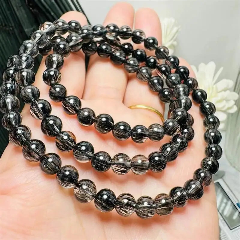 6.8MM Natural Black Hair Quartz Triple Circle Bracelet Fashion Personalized Men Women Holiday Gift 1PCS