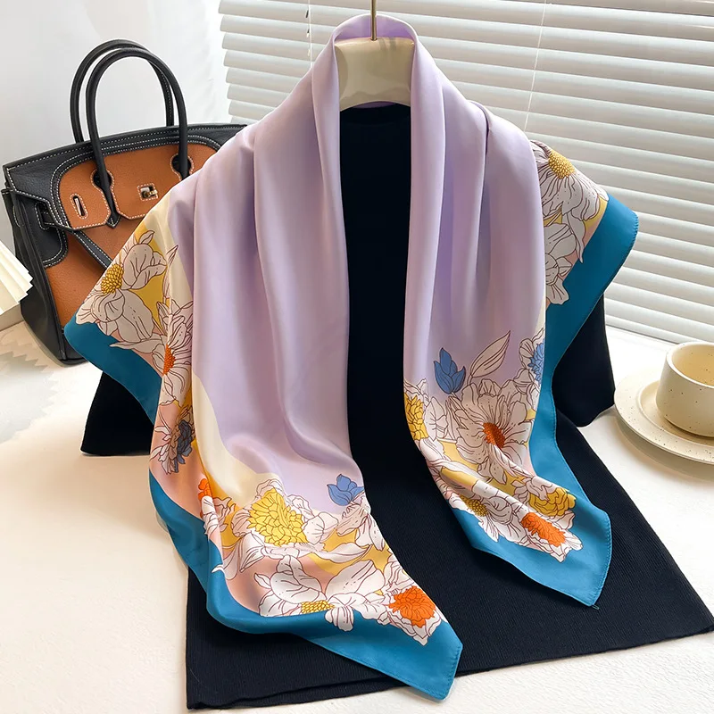 90*90cm Square Silk Scarf Women Fashion Print Neck Hair Hand Kerchief Bandana Shawl Neckerchief Hairband Ribbon Foulard Headband