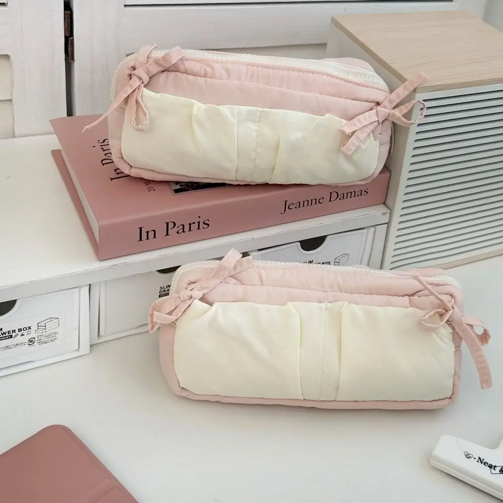 Cartoon Bowknot Pen Bag Large Capacity Soft Fabric Pencil Case Multifunctional Pen Box Gift