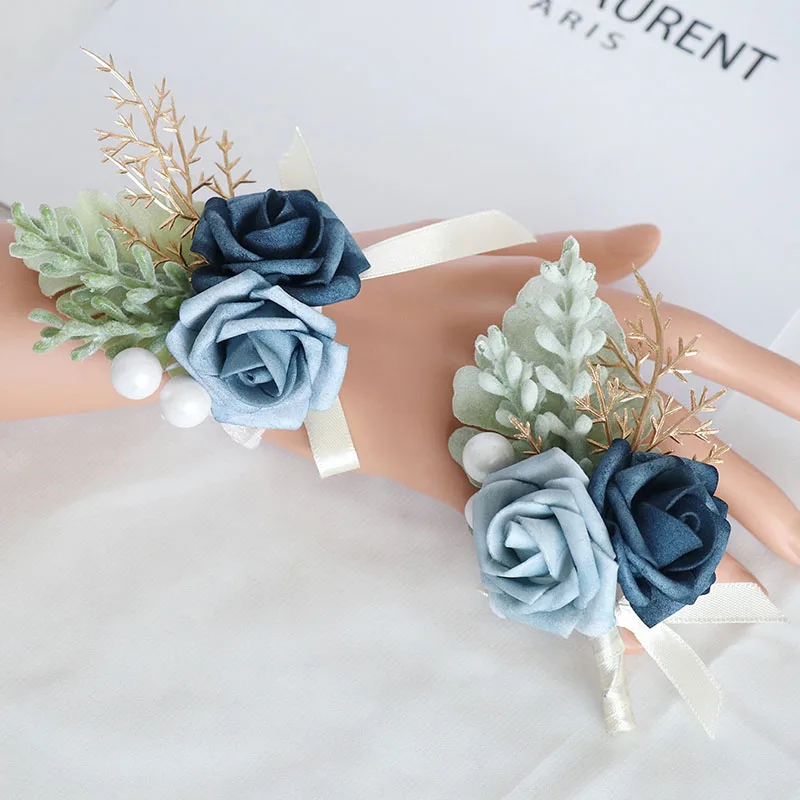 1/6 pçs luxuoso azul rosa casamento pulso corsage & boutonniere conjunto-acessório chique para noiva, noivo & festa, adiciona unidade elegante