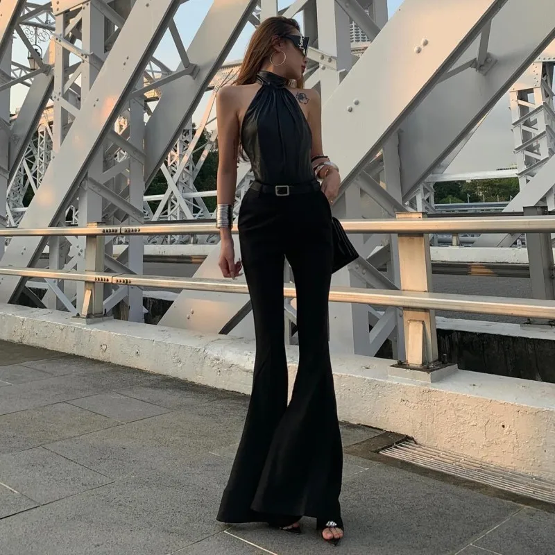 Oshfall ヨーロッパとアメリカのホットガールズ 2024 夏の新ソリッドカラーハイウエストロングスリムフレアパンツ女性のカジュアルパンツ