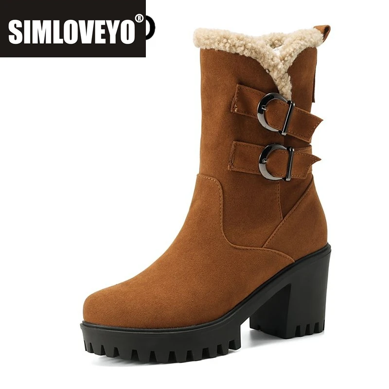 

SIMLOVEYO Модные теплые зимние ботинки с круглым носком на массивном каблуке 8 см, платформе 2 см, пряжка ремня, большой размер 41 42 43 Повседневные ботильоны