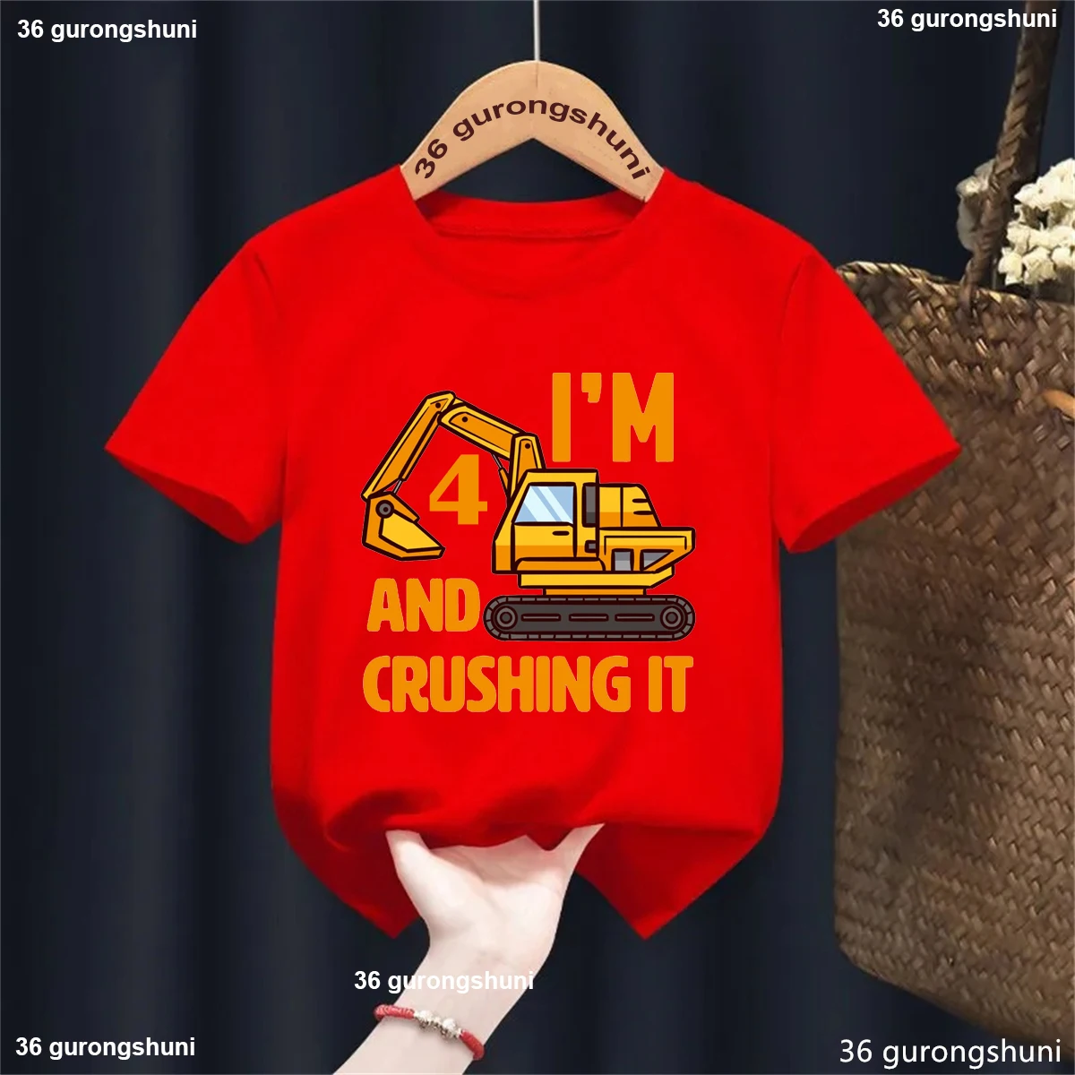 Theme Excavator T-Shirt Graphic Print 1 2 3 4 5 6 7 8 9th Birthday Gift Baby Kids Clothes Black T-Shirt Tee Red Top