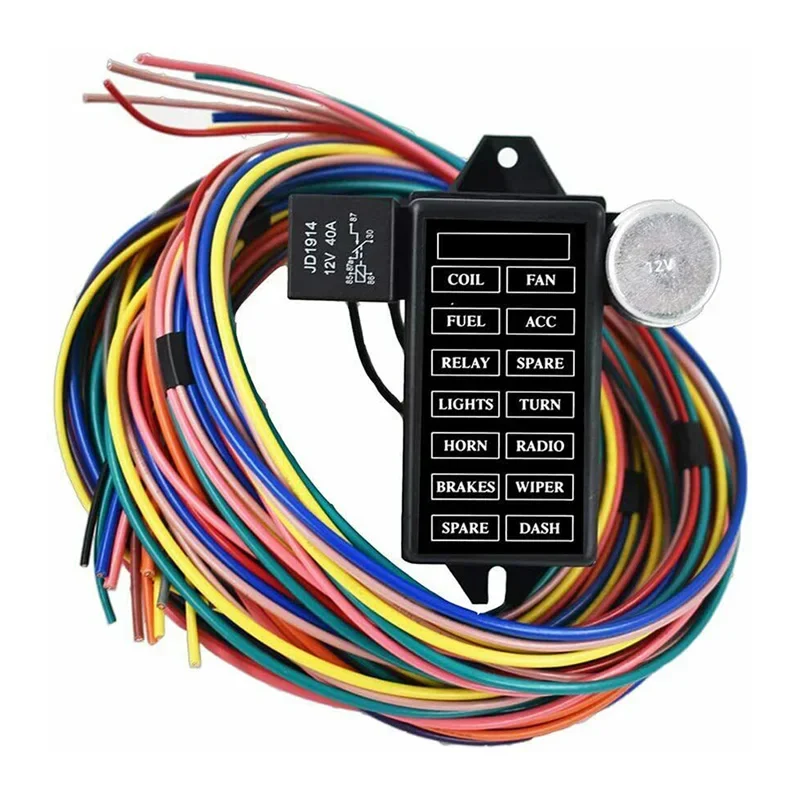 

Universal 14-Circuit Wiring Harness Assembly Car Modification Harness Kit Fuse Box Wire Connector Adaptor for Coil Fan Fuel