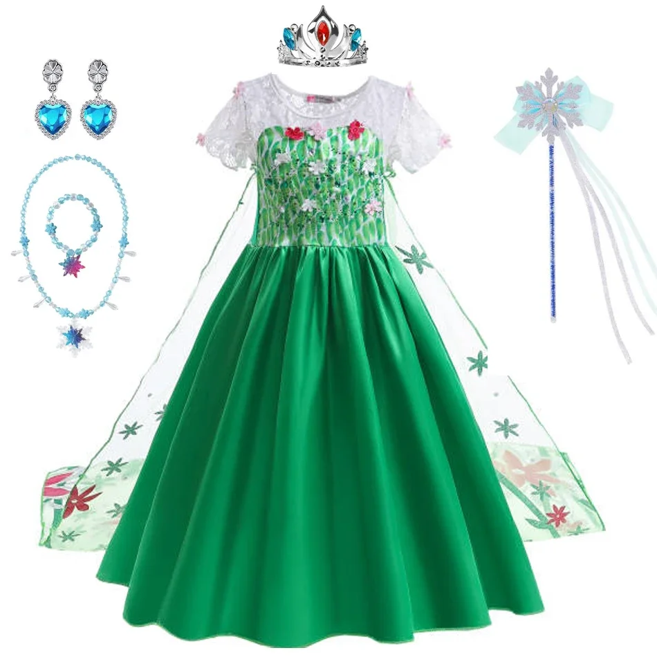 Elsa Cosplay Kids Clothes Princess Dress for Baby Girls Green Dress Floral Elsa Costume