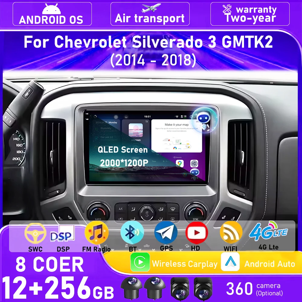 Android 16 Auto Carplay For Chevrolet Silverado 3 GMTK2 2014 - 2018 Car Radio Multimedia Video Player GPS Navigation Head Unit