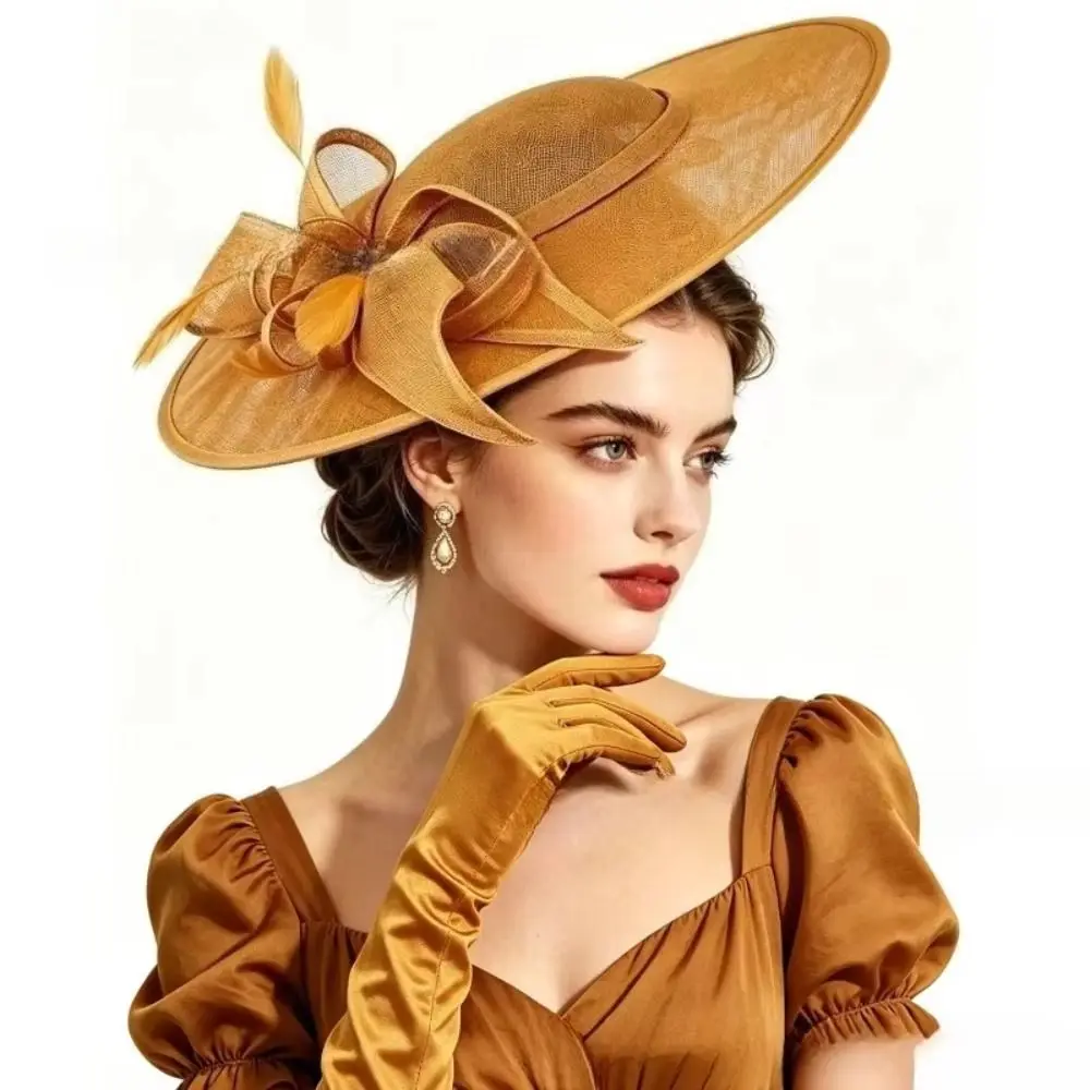 

Retro Exquisite Mesh Bow Headband Elegant Wide Brim Feather Fascinator Hat Flower Formal Hat Bride Headdress Stage Performance