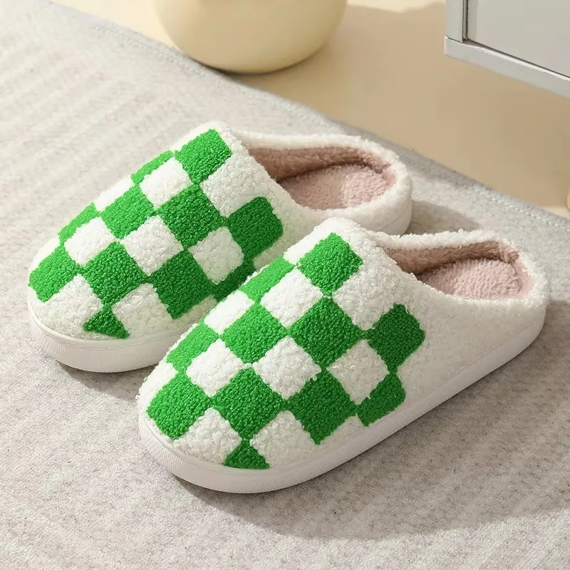 Checkered Cotton Slippers 2024 Women Winter Floor Plush Slippers Home Anti Slip Flat Bottom Comfort Soft Bottom Cotton Slippers