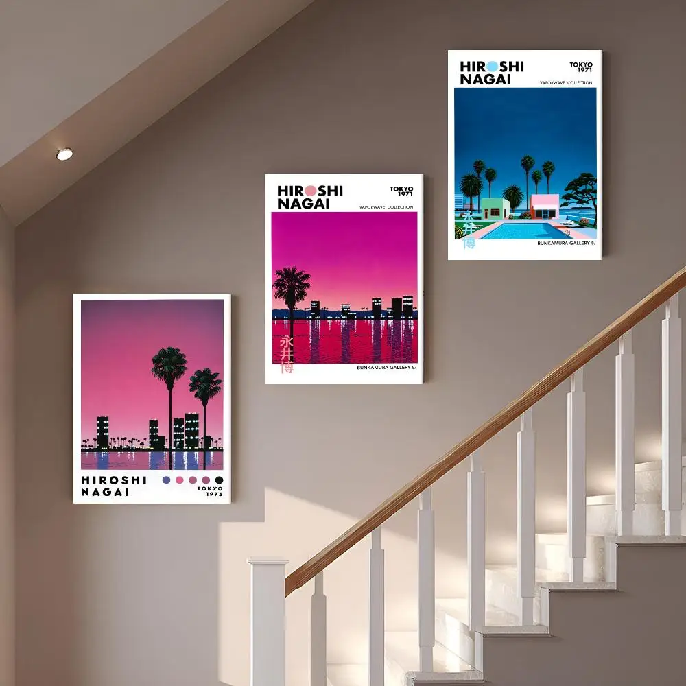 H-Hiroshi Nagai Neon Resort Escape Framed Wall Painting Vintage Framed Wall Art Poster Canvas Elegant Home Decor Painting