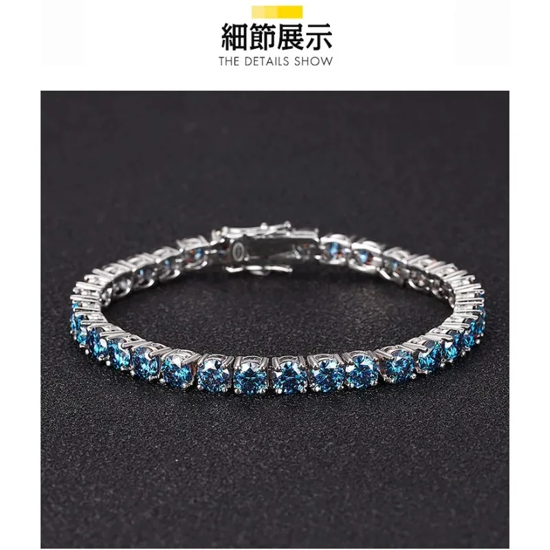 GoldEclat  Luxury Solid Platinum PT950 Women's 3mm Royal Blue Moissanite Diamond Bracelet Tennis Bracelet