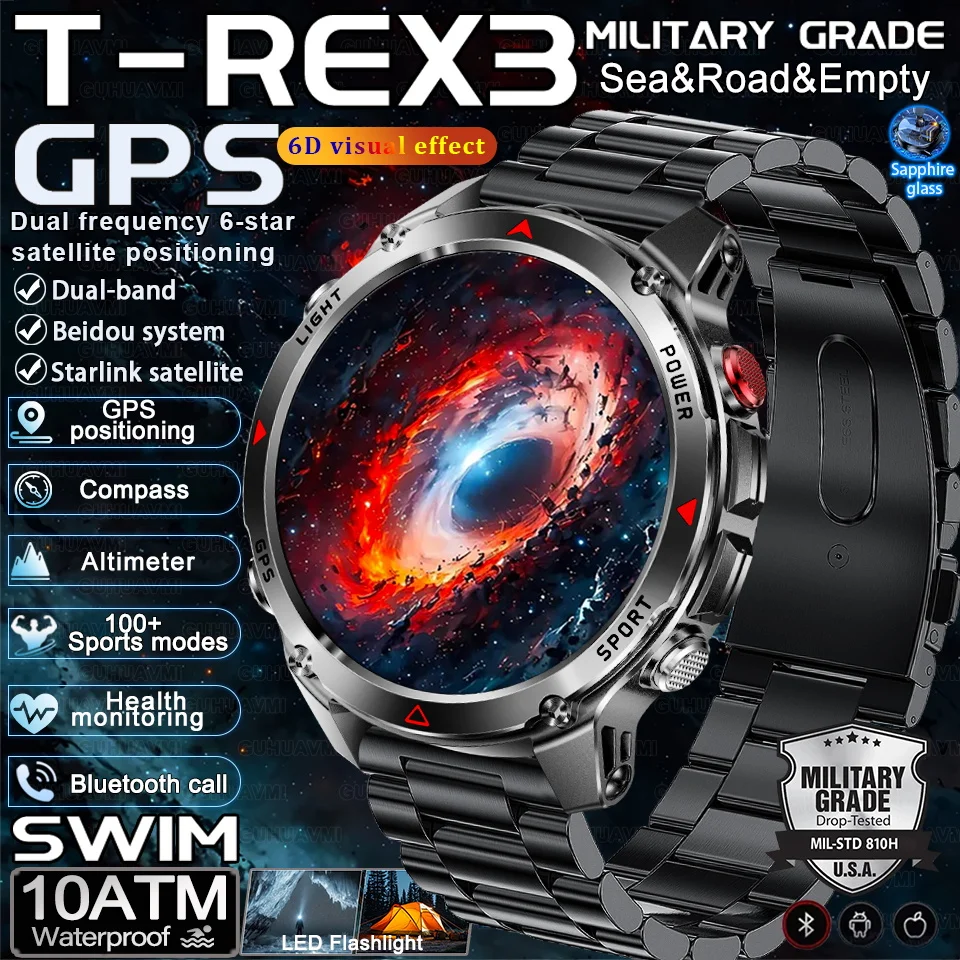 

2025Новые уличные военные встроенные умные часы с GPS для мужчин 1,46 дюйма, AMOLED-компас, альтиметр, 10 АТМ, водонепроницаемые часы, спортивные часы с BT-вызовом