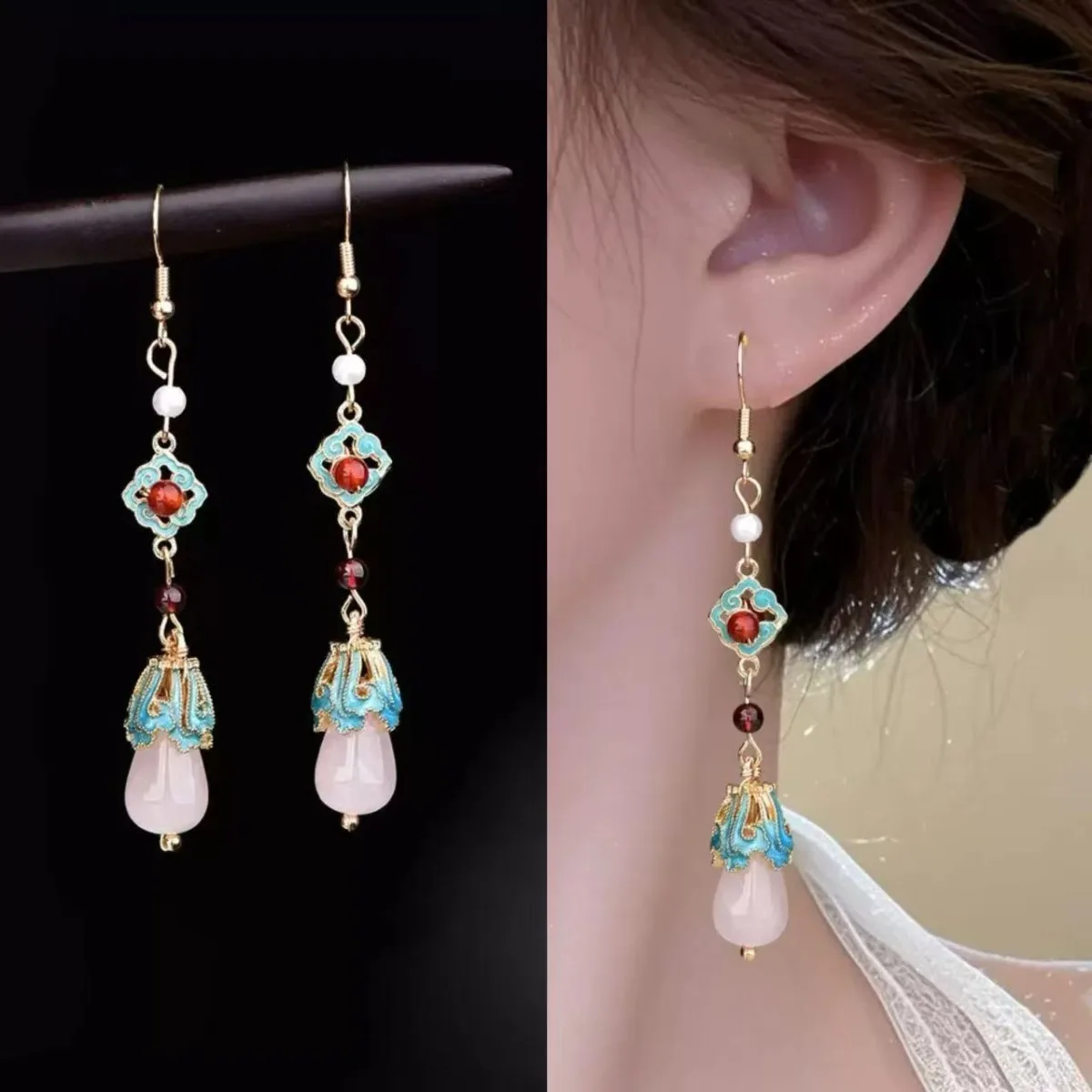 Retro Chinese-style Earrings for Women Blue Enamel Inlay Red Gemstone Jade Pendant Tassel Traditional Luxury Jewelry Ear Clips
