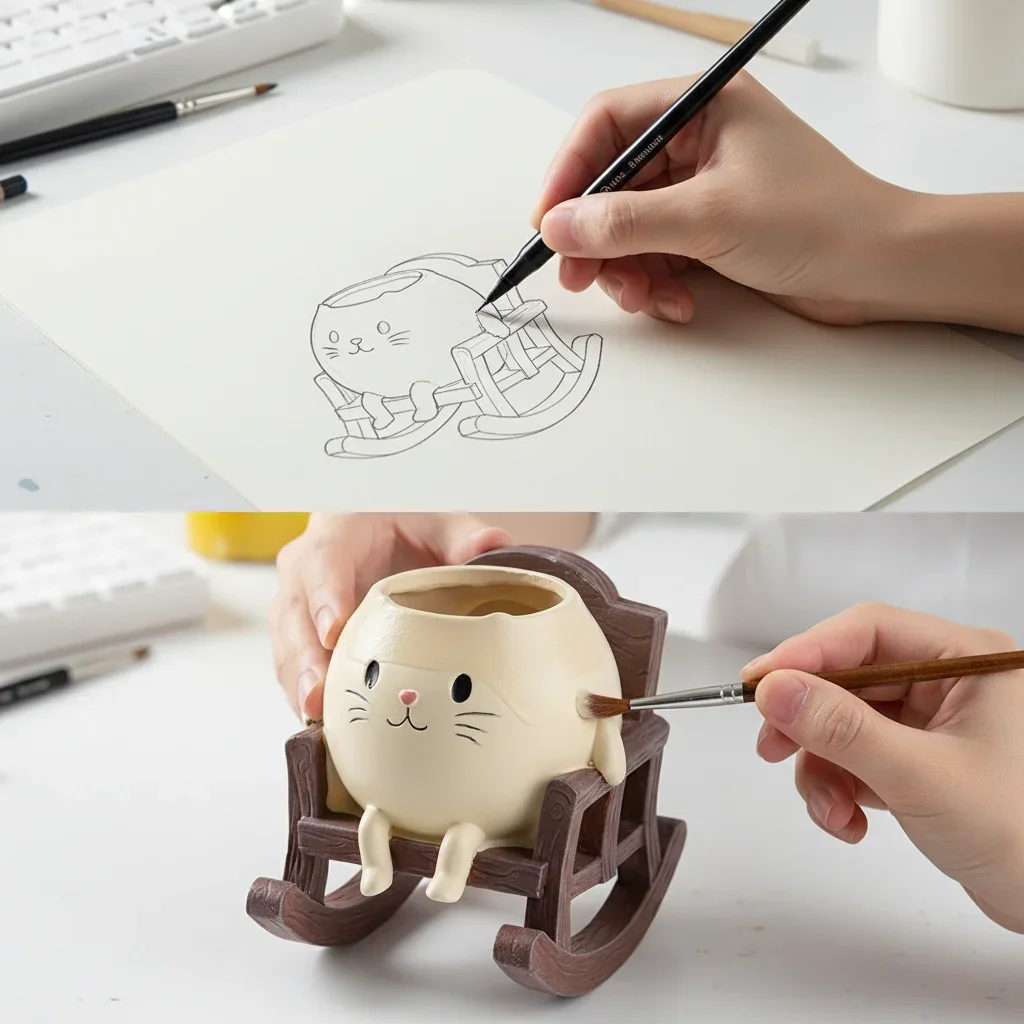 VILEAD Rocking Chair Cat Planter Resin Decorative Figurine Hand-Crafted Artistic Home Garden Statue Swing Cat Plant Pot For Desk