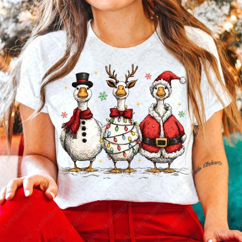 Vintage Christmas Preppy Santa Goose Short Sleeve Holly Jolly Retro Merry New Year Xmas Tops Men Women Cotton Cute Funny Tshirt