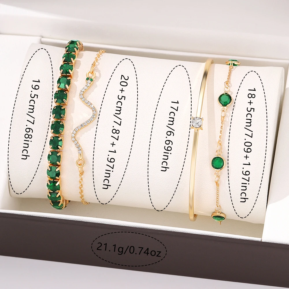 4 Piece Set Women Retro Green Diamond Square Bracelet Versatile Diamond Bracelet Fashionable Versatile Personalized Accessory