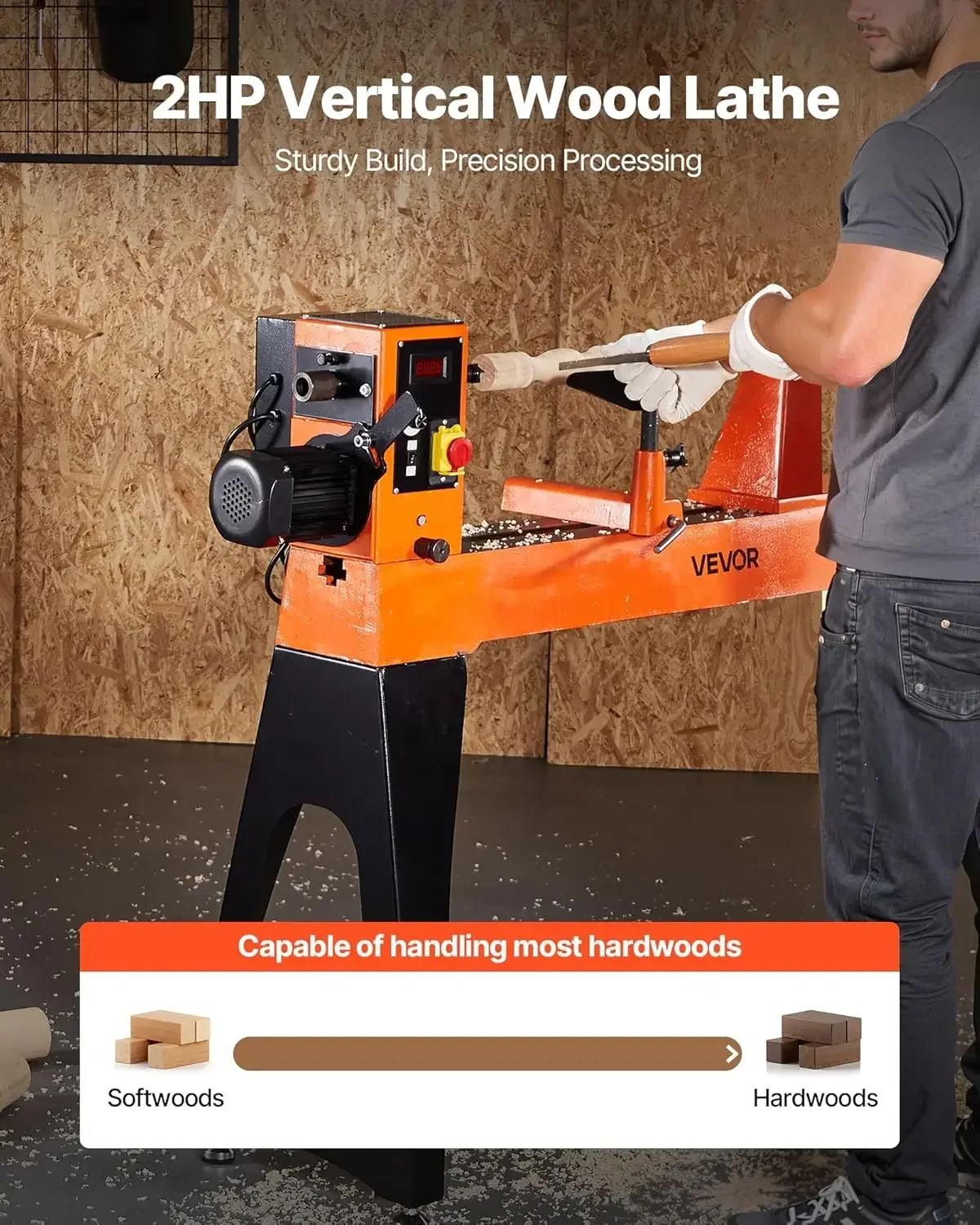 2 HP Wood Lathe, 18 x 40 Inches, 150–3200 RPM Variable Speed, Brushless DC Motor, Cast Iron Body, Tool Rest