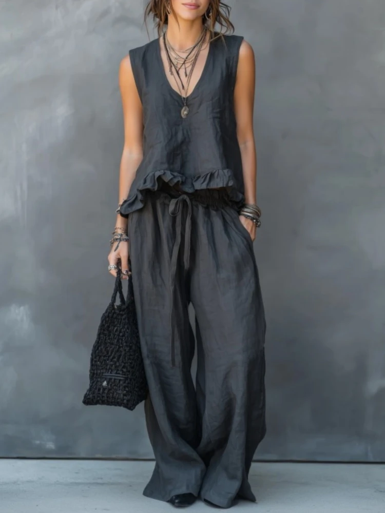 

Two Pieces Women Pant Sets Sleeveless V Neck Ruffle Top Drawstring Lace -Up Wide Leg Pants Loose Office Lady Casual Summer Set