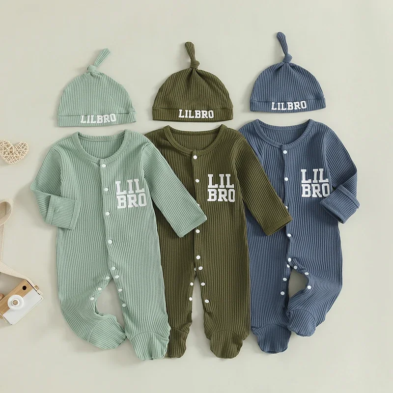 Baby Boys Letter Print Buttons Round Neck Long Sleeve Ribbed Romper Jumpsuits with Hat Newborn Clothes Set