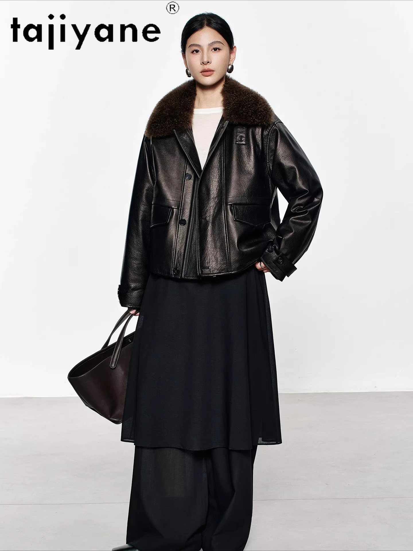 TAJIYANE Real Sheepskin Goose Down Jackets Woman Cashmere Collar Puffer Jacket Genuine Leather Coat 2025 Winter Clothes дубленка