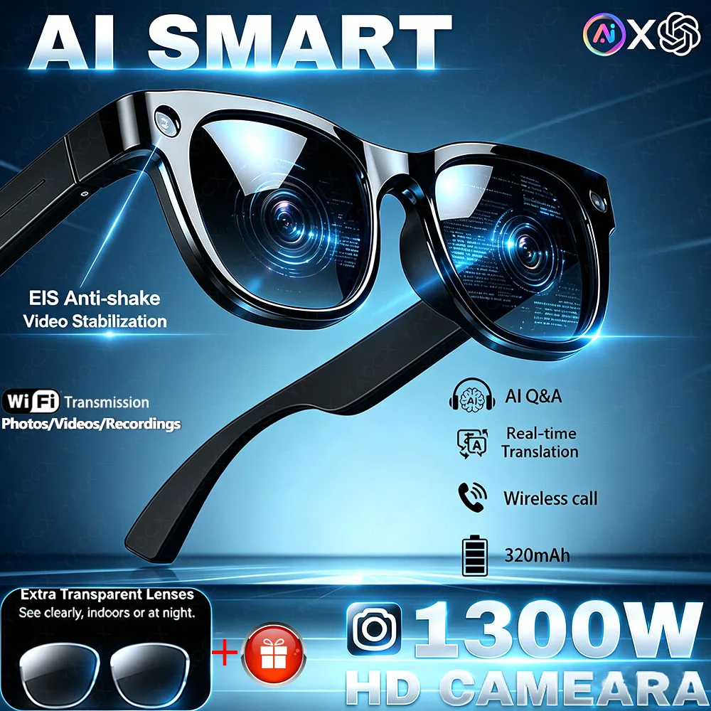 

1300W HD Camera Smart AI Glasses Wireless Call Audio Sunglasses Dual Mic ENC Noise AI Chatgpt Voice 320 Mah Sport Sunglasses