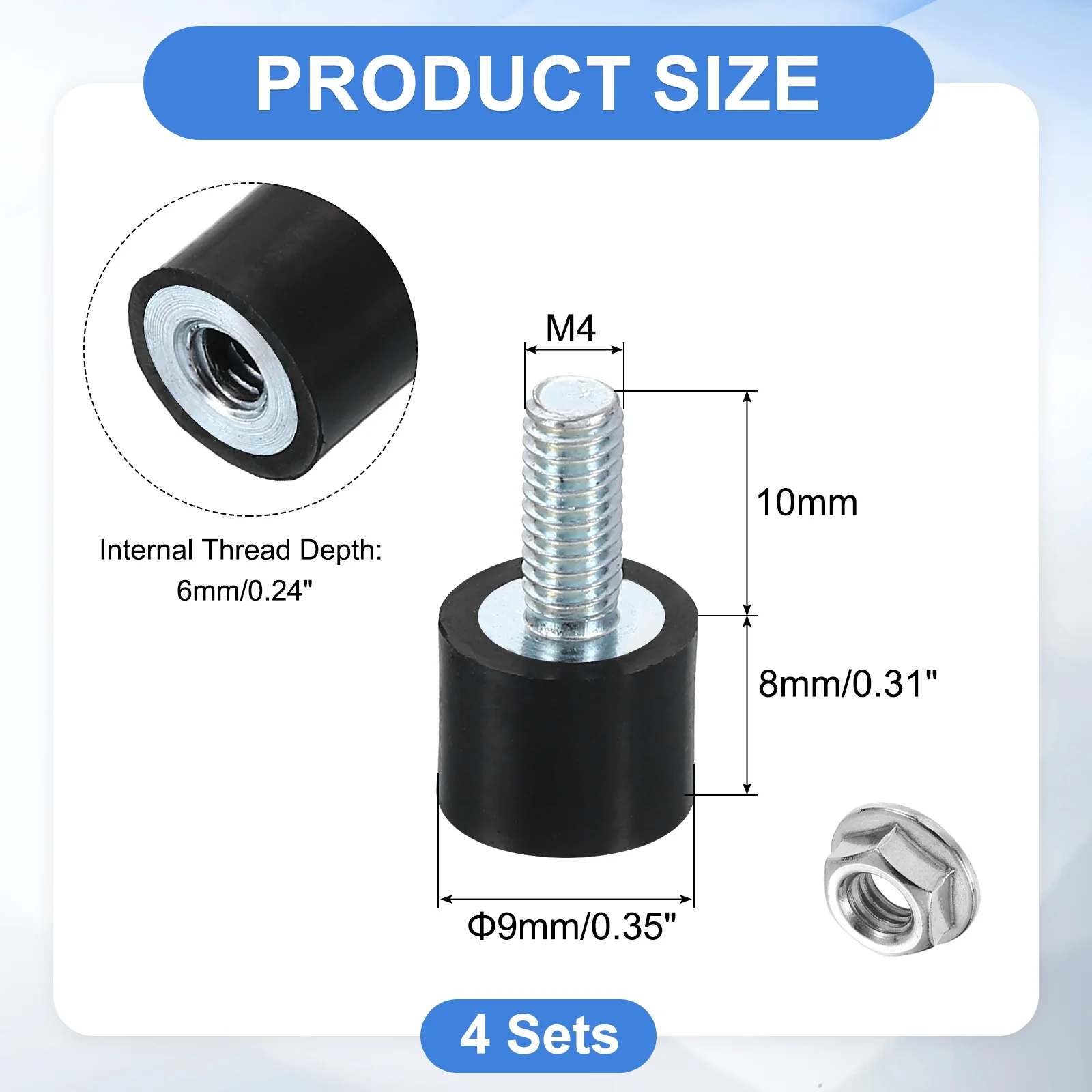 4Pcs M3 M4 M5 M6 M8 Rubber Mounts Cylindrical Anti Vibration Isolator Shock Absorber with Lock Nut for Generator Air Compressors