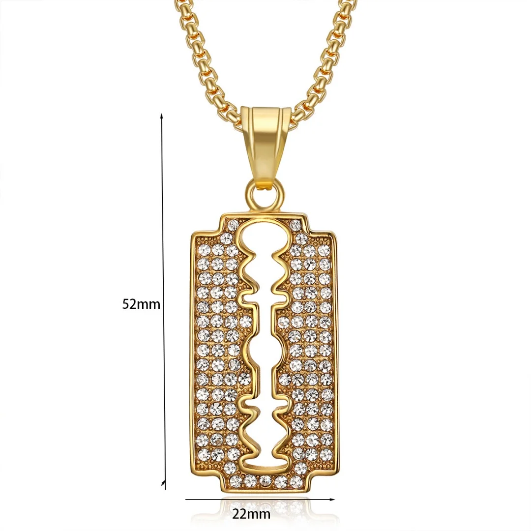 Punk Shaving blades Tennis Zirconia Pendant Men Gold Silver Color Stainless Steel Necklace for Women Barbershop Jewelry Gift