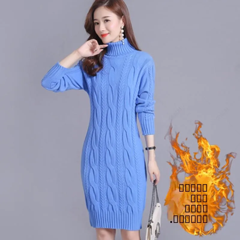 Women's Thiened Fce High Collar Sweater Loose Large Size Mid-Length Knitted Dr Knee-Length Base Layer Skirt