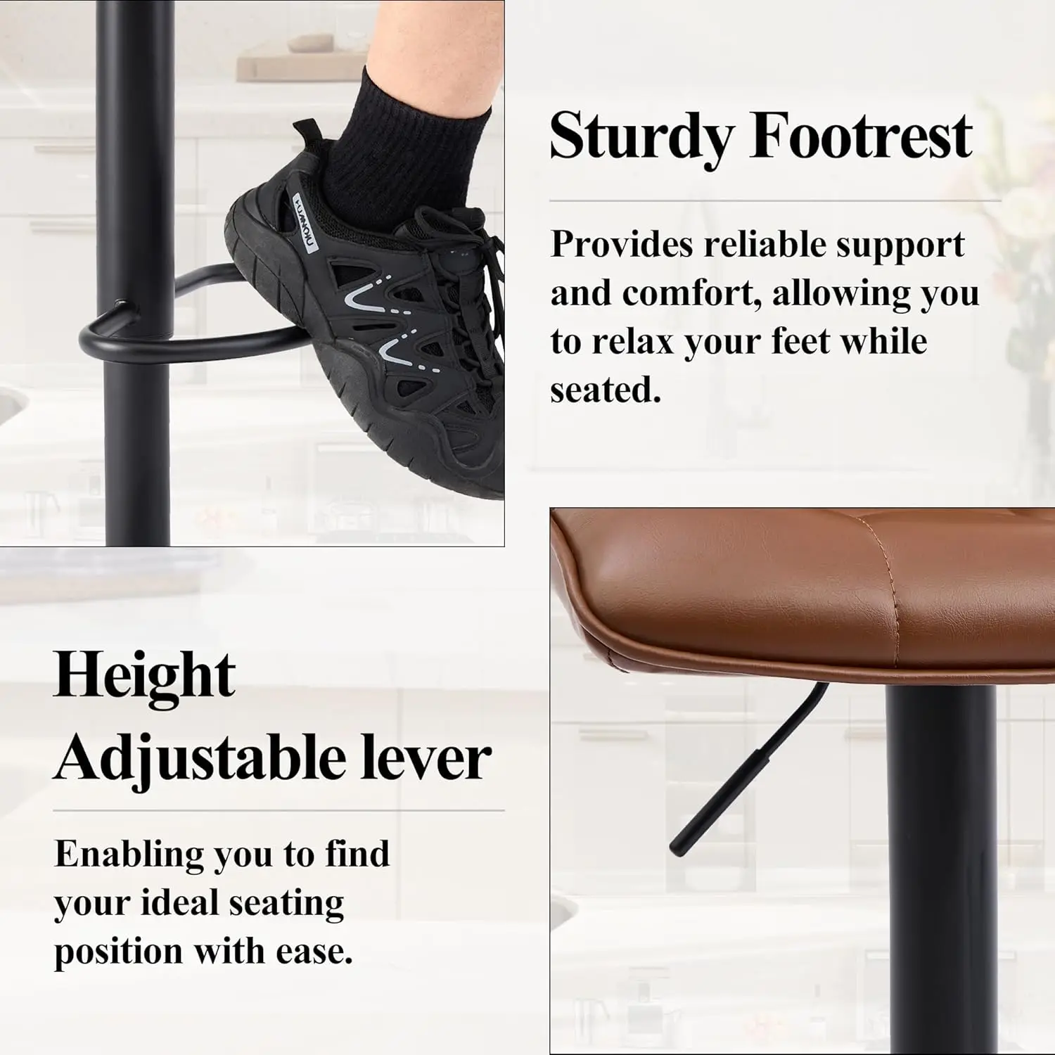 Swivel Bar Stools Set of 2 with Backs, Adjustable Height 24'-33', Modern Brown Faux Leather Kitchen Bar Stools