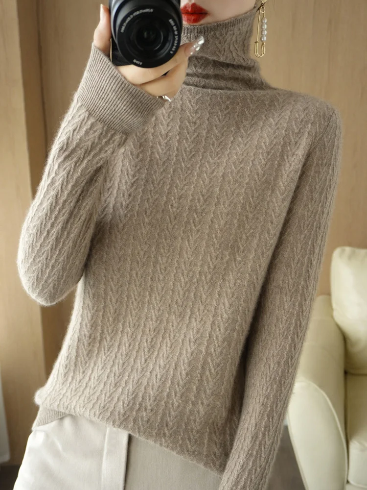 

Women Free Turtleneck Cashmere Pullover Long Sleeve 100% Merino Wool Sweater For Autumn Winter Twist Flower Knitwear Soft Cloth