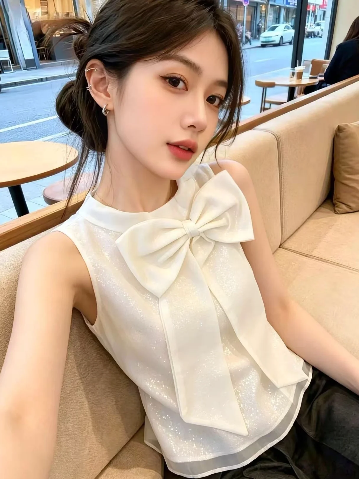 

Sweet Style Knot Sleeveless Neck Hanging Shirt Women's Summer New High-End Beautiful Top Self-Reserve Recommendation