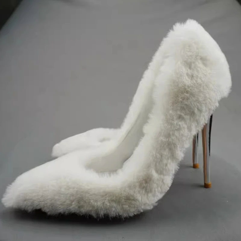 White Lamb Fur High Heel Pumps Pointed Toe Stiletto High Heels 12Cm 10Cm 8Cm Slip On Women Dress Shoes Luxury Banquet Shoes