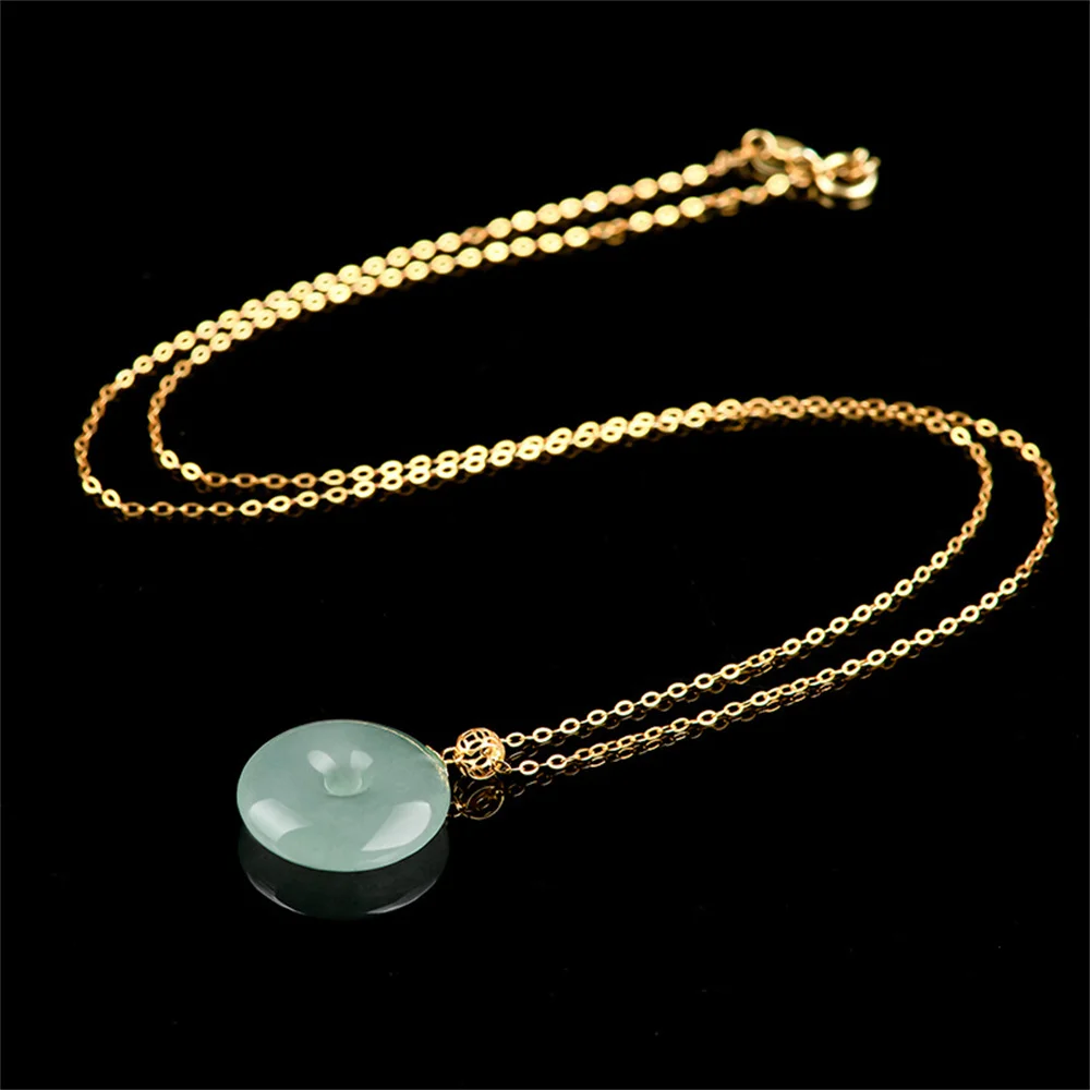 18K Gold Natural Ice Green Jadeite Round Harmony Lucky Pendant Amulet Chain Necklace Certificate Luxury Jade Vintage Jewelry