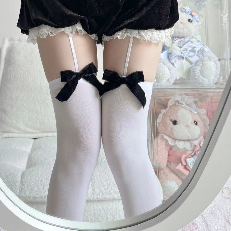 12+ Teen Girls Velvet Suspender Stoxkings,lolita JK Style Big Bow Thigh High Socks 3 Colors Cross Knee Comic Leg Cosplay Socks